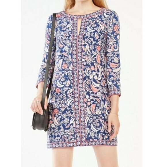 BCBGMAXAZRIA Calico Dress Navy Blue Pink Floral 3/4 Sleeve Cutout Mini Shift XS - Picture 1 of 11